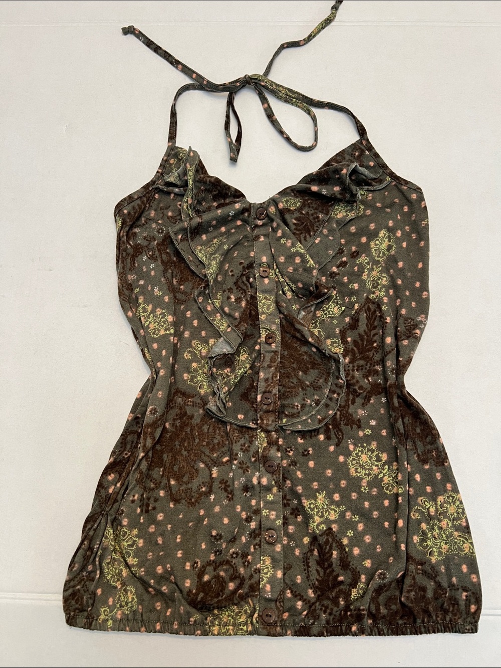 Y2K DAYTRIP VINTAGE WHIMSIGOTH PAISLEY RUFFLED HALTER TOP BOHO FAIRY CAMISOLE M